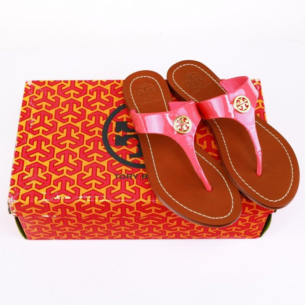 NIB Tory Burch CAMERON Patent Leather Thong Pink 5